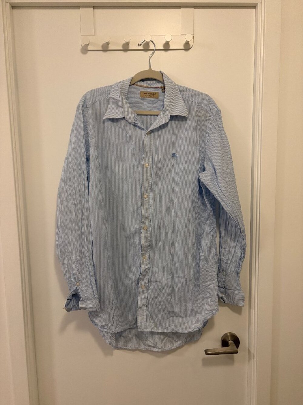 Burberry London Blue White Stripe Button-Up Shirt Cotton Long Sleeve XL